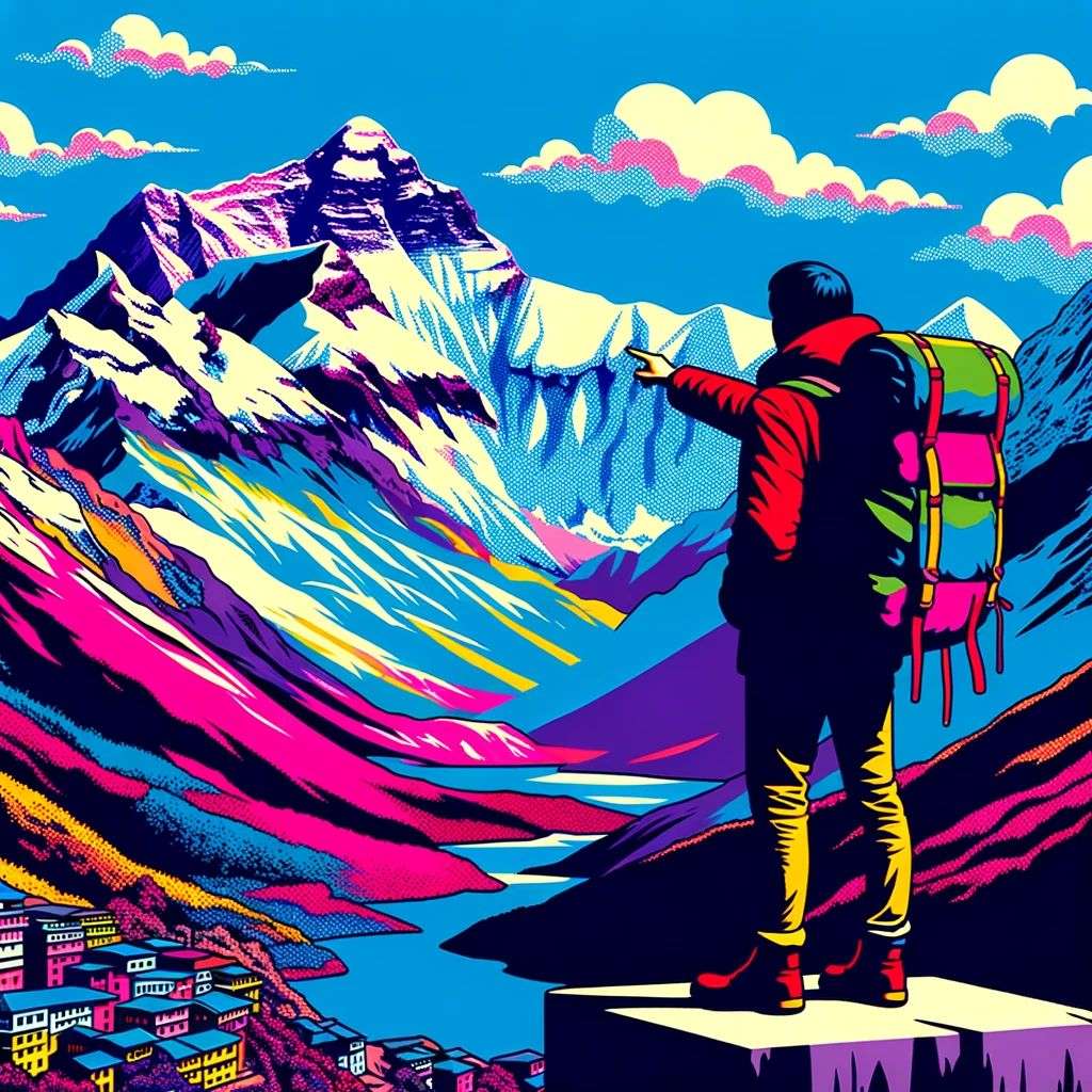 someone gazing at Mount Everest, pop art